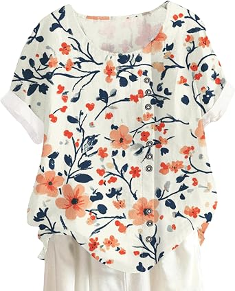 Womens Crewneck Button Short Sleeve Shirts Summer Vacation Loose Fit Tops Floral Printed Trendy Graphic Blouses
