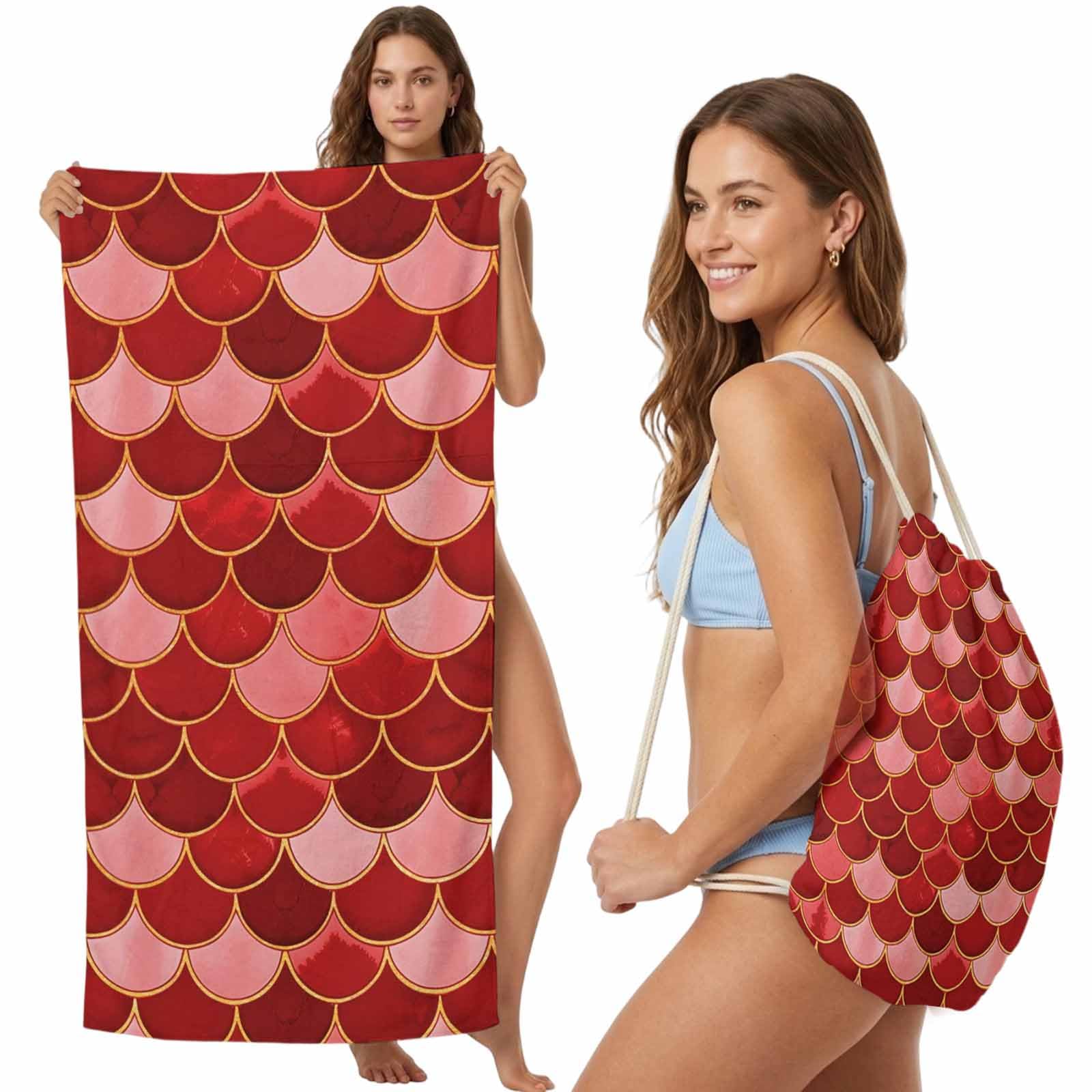 Beach Towel Bag 2 in 1 Red Fish Scales Bath Pool Towels Backpack Ombre Fish Tail Absorbent Beach Towel Soft Quick Dry Lightweight Packable Towels Drawstring Bag for Travel Camping Sports Yoga Picnic