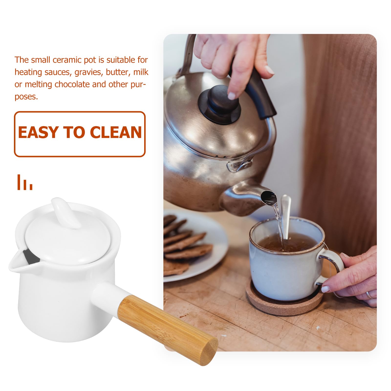 Cabilock Coffee Creamer 350ml White Mini Ceramic Milk Pot Tea Brewer with Wooden Handle Design for Home and Office