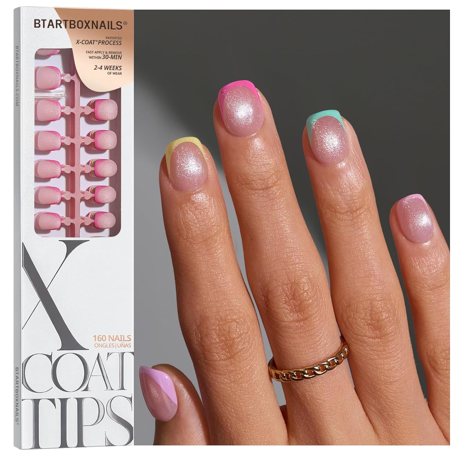BTArtboxnails XCOATTIPS 5 Brighter Pastel French Tip Press on Nails - XXS Square, Cat Eye Base, 4-Week Wear, Easy-to-Apply, Soak Off, Salon Quality Value at Home, 16 Size - 160 Short Fake Nails