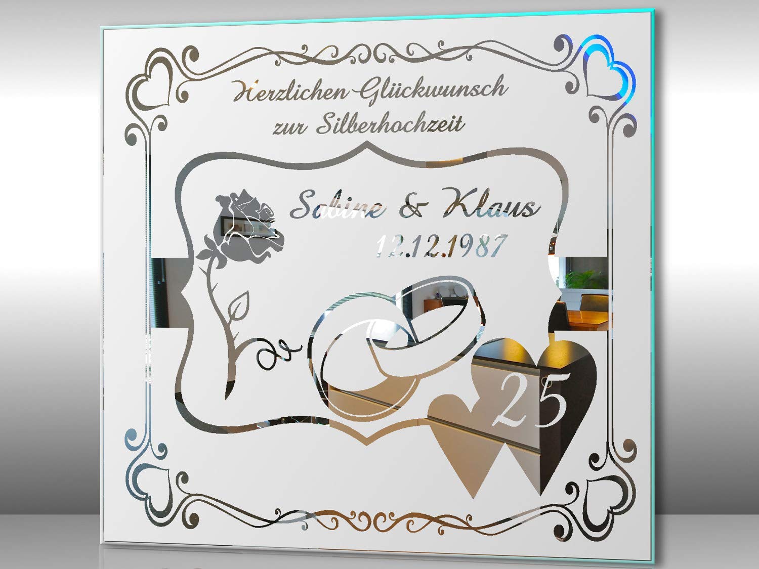 Spiegel mit Gravur zur Silbernen Hochzeit 3 ★ Wandbild ★ Hochzeitstag ★ Ehe ★ Hochzeitsgeschenk ★ 25 Jahre ★ personalisiert