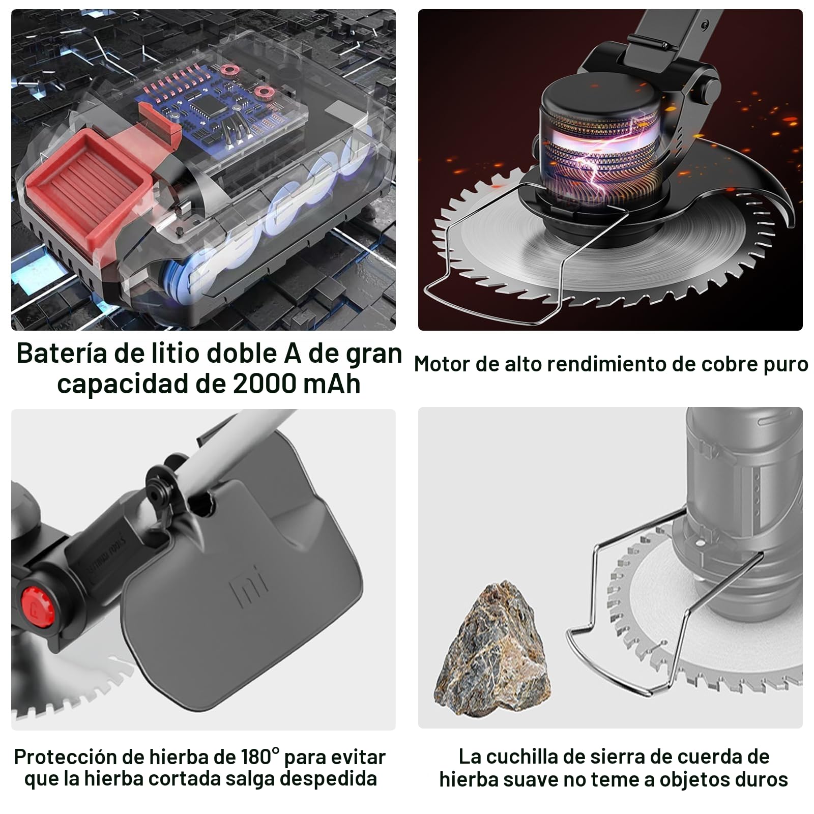 Desbrozadora Bateria 21V (650W), Cortabordes Electrico 3 en 1 con 2 Baterías 2000mAh, Desbrozadora Electrica Multifunción para Jardín, 16 Cuchillas y Cabezal 90°, Desbrozadoras para Maleza