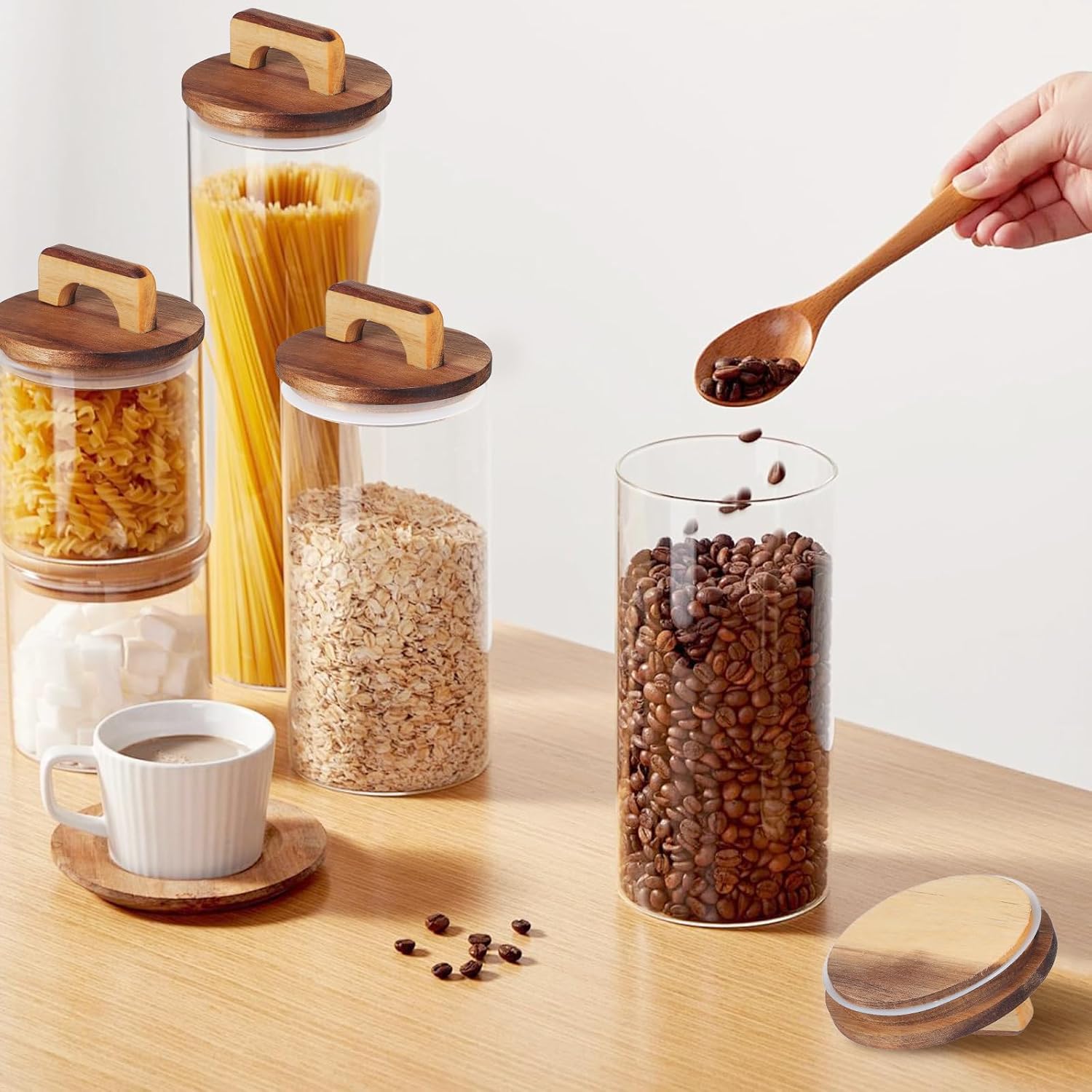 3pcs Storage Jar Wooden Lid, 3.54 inch Wide Mouth Canning Lids with Handle Sealing Ring, Multipurpose Canning Covers Wood Lid for Glass Canister Food Jars, for Mouth Diameter 10cm/3.94 inch