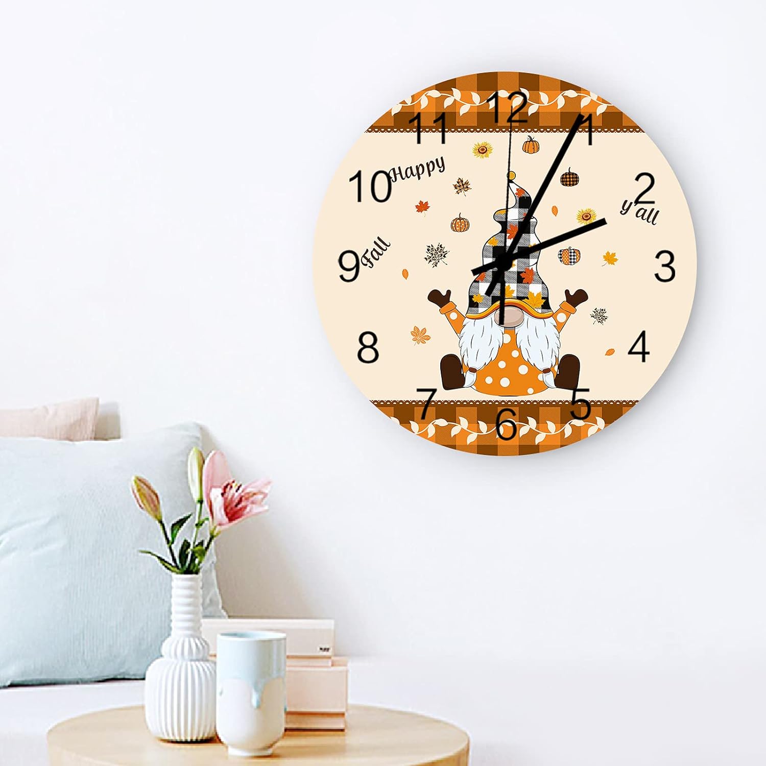Savannan Wooden Wall Clock 12" Happy Fall Y'all Thanksgiving Caartoon Gnome Orange Buffalo Check Battery Operated Silent Non-Ticking Round Hanging Wall Clock for Living Room Bedroom Office Kitchen