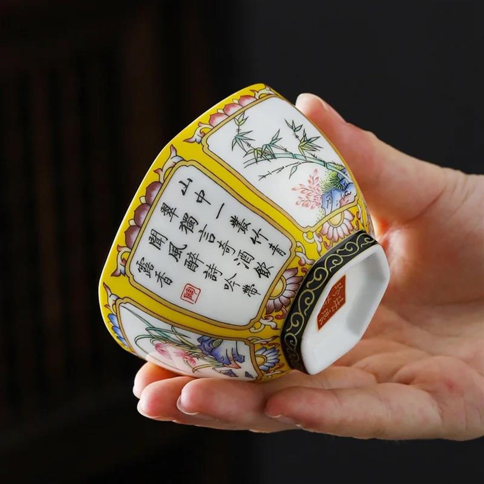 Teeservices Emailliertes Keramik-Retro-Kung-Teeservice Große Teetasse Teeschale Sechseckige Tassen Chinesisches Teeservice Blumenteetassen Reiseteeservice Teekanne (A)