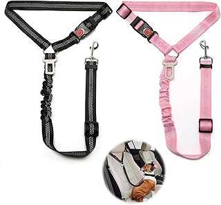 2 Stück Verstellbarer Hundegurt fürs Auto, Sicherheitsgurt Hunde mit Ruckdämpfer Elastisch, Hunde Sicherheitsgurt Auto für Kleine Mittelgroße große Hunde und Alle Autotypen, Schwarz + Rosa