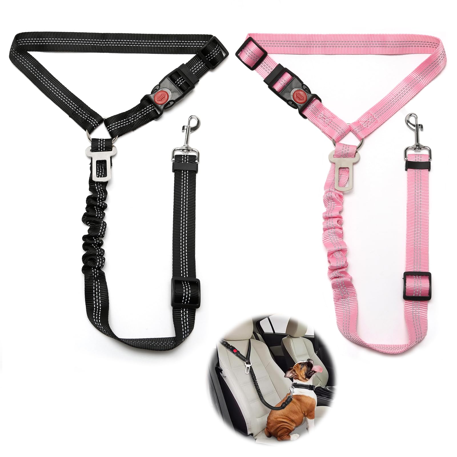 2 pièces réglable Ceinture securite Chien Voiture, Coussin élastique Anti-Vibration Ceinture sécurité Chien Convient aux Voitures (Noir + Rose)