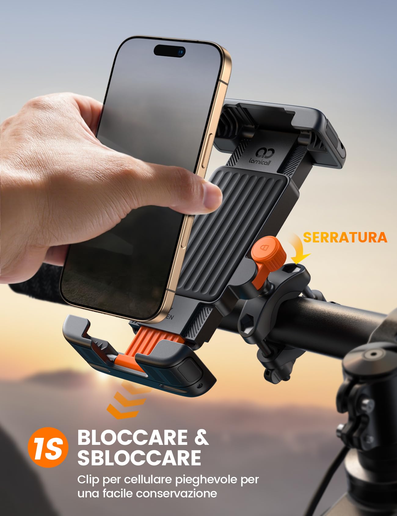 Lamicall Supporto Telefono Bicicletta - [1S Blocco/Sblocco] 360° Rotazione, Supporto Telefono Moto con Protezione in Silicone per iPhone 17/16/15 Pro Max, Galaxy S25 S24 Ultra e Altri 6-7" smartphone