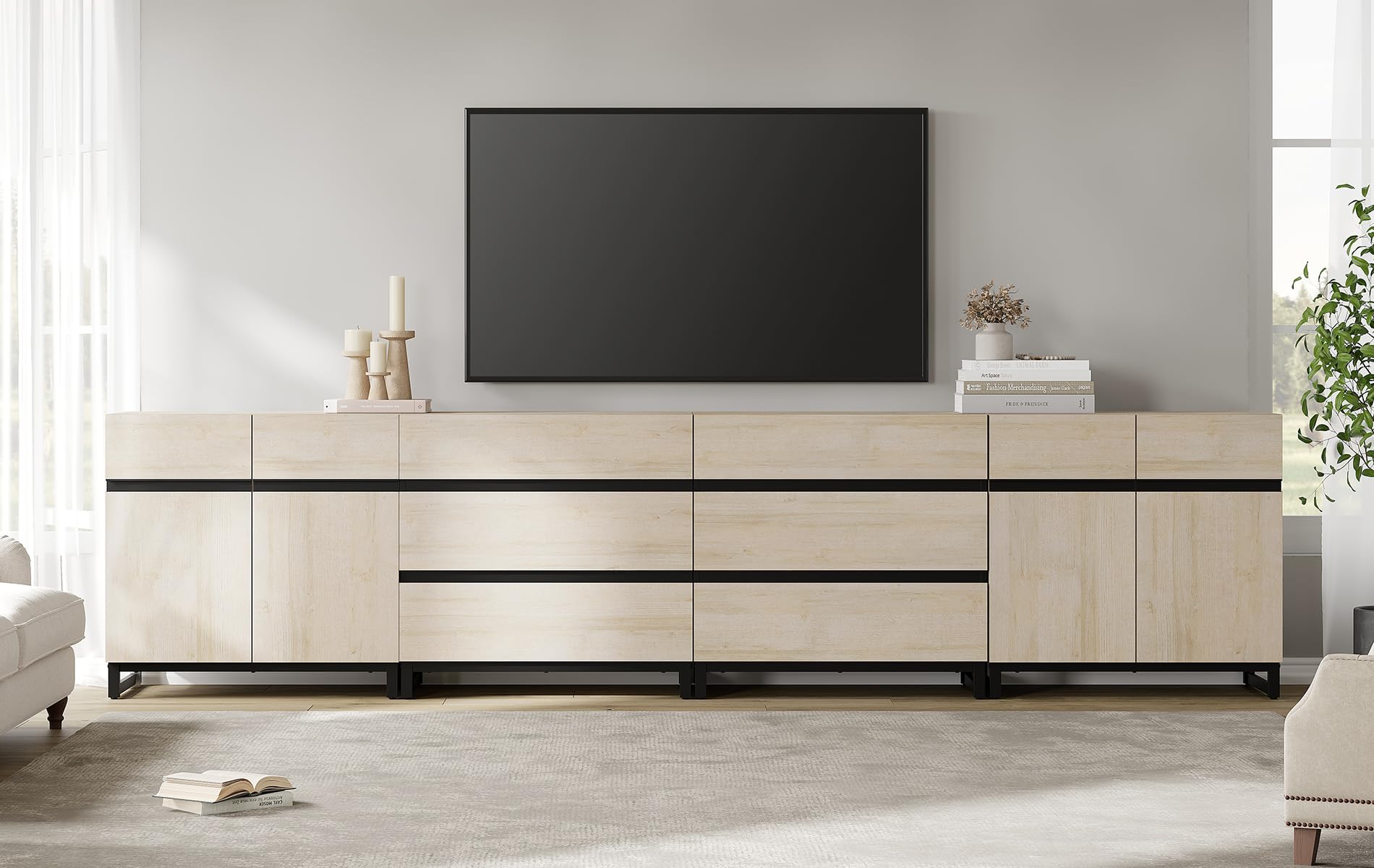 WAMPAT Modern TV Stand for TVs up to 110 inch, 4 in 1 TV Console with Adjustable Shelves and 6 Drawers, Media Console for Living Room,Bedroom, Light