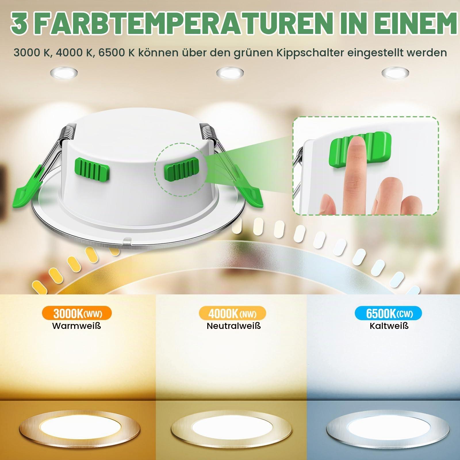 ALUSSO LED Einbaustrahler 230V Flach Spots 68mm, 3WT 4W 6W 8W 3CCT 3000K Warmweiß 4000K Neutralweiß 6500K Kaltweiß IP44 Einbauleuchten für Badezimmer Küche Wohnzimmer, 10er Set