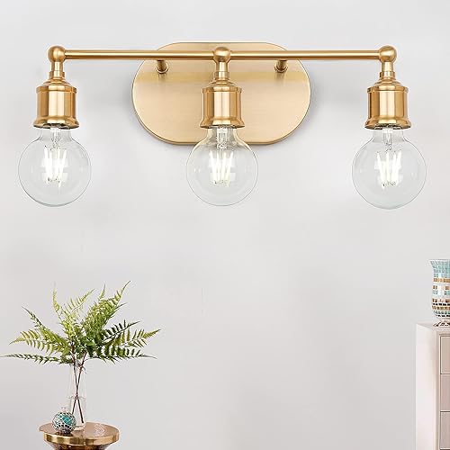 Lámpara de tocador de 3 luces, lámpara de pared de latón cepillado moderna, luces de pared de tocador de baño doradas, base E26, lámpara de pared de