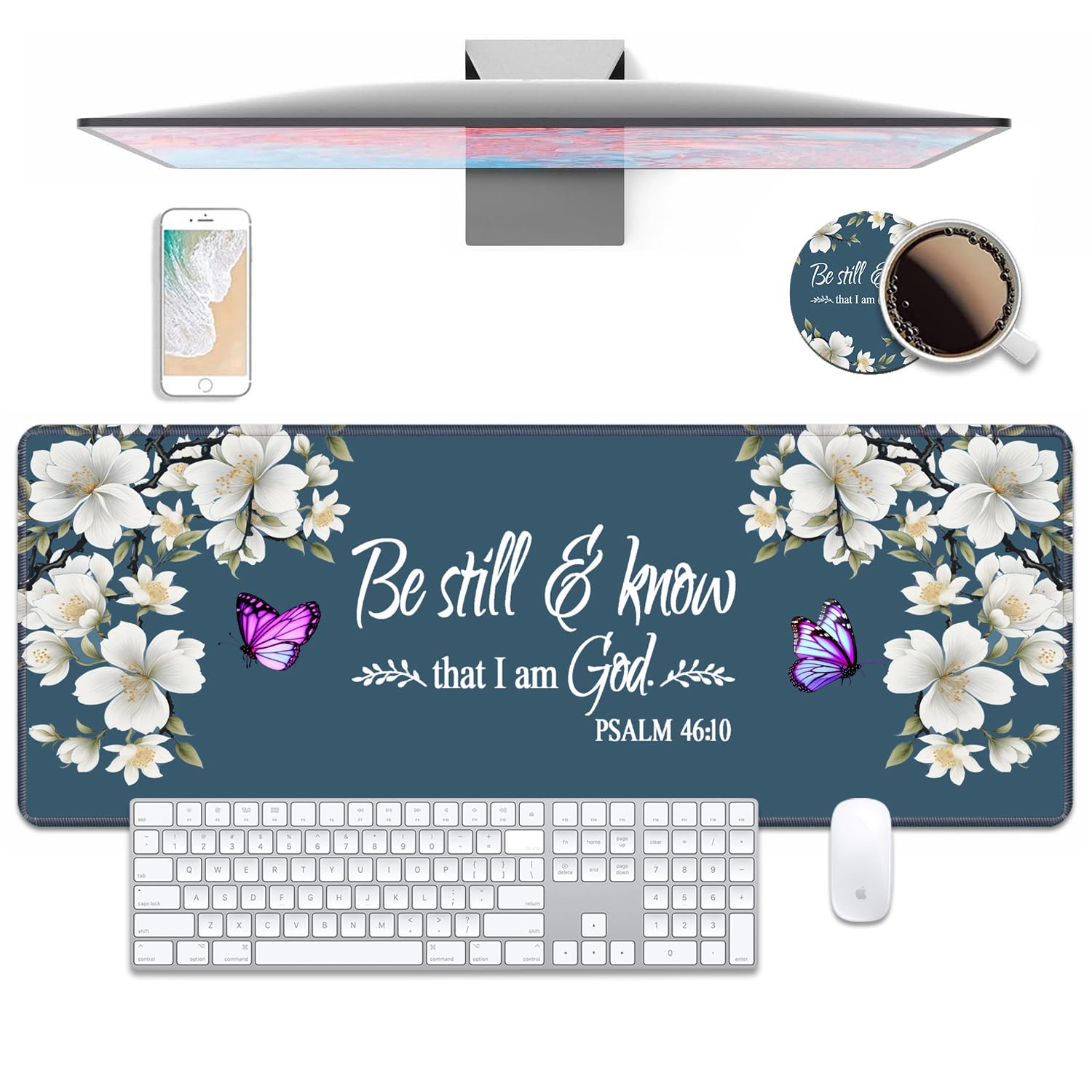 Desk Pad Mat Gaming Mouse Pads with Coasters, Floral Quote Bible Verse Psalm 46:10 Large Extended Desk Mousepad with Stitched Edge & Non-Slip Rubber