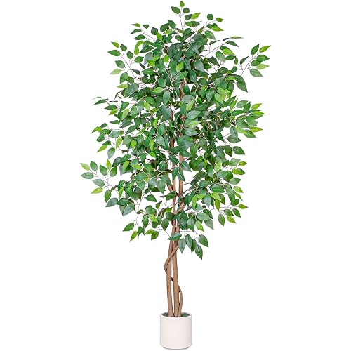 VIVATREES 6FT Artificial Ficus Tree with White Planter, Realistic Faux Silk Indoor Outdoor Plant for Home Office Living Room, Porch, Garden Decor