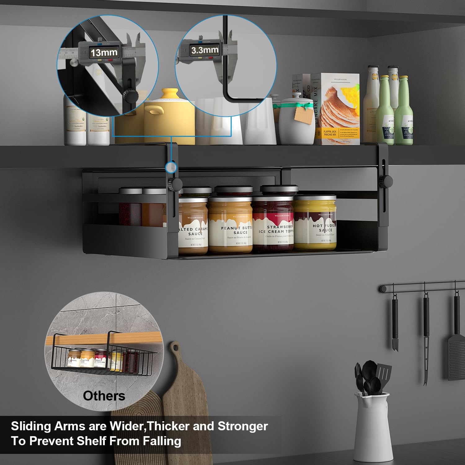 AmonHouseware Aufbewahrungskörbe unter dem Regal, verstellbar, zum Aufhängen unter dem Schrank, zusätzliche Aufbewahrungsregale, Einschubkörbe, Organizer für Waschküche, Küche, Speisekammer
