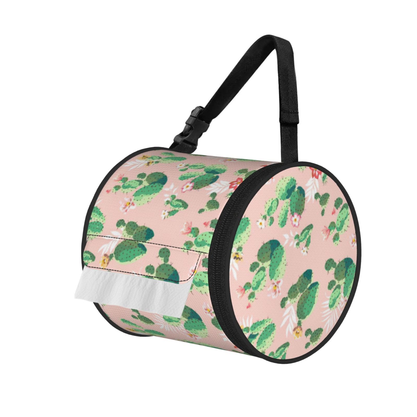 Cactus Pattern Print Round Tissue Dispenser Bag With Carry Strap, Portable Roll Holder For Car Travel Home
