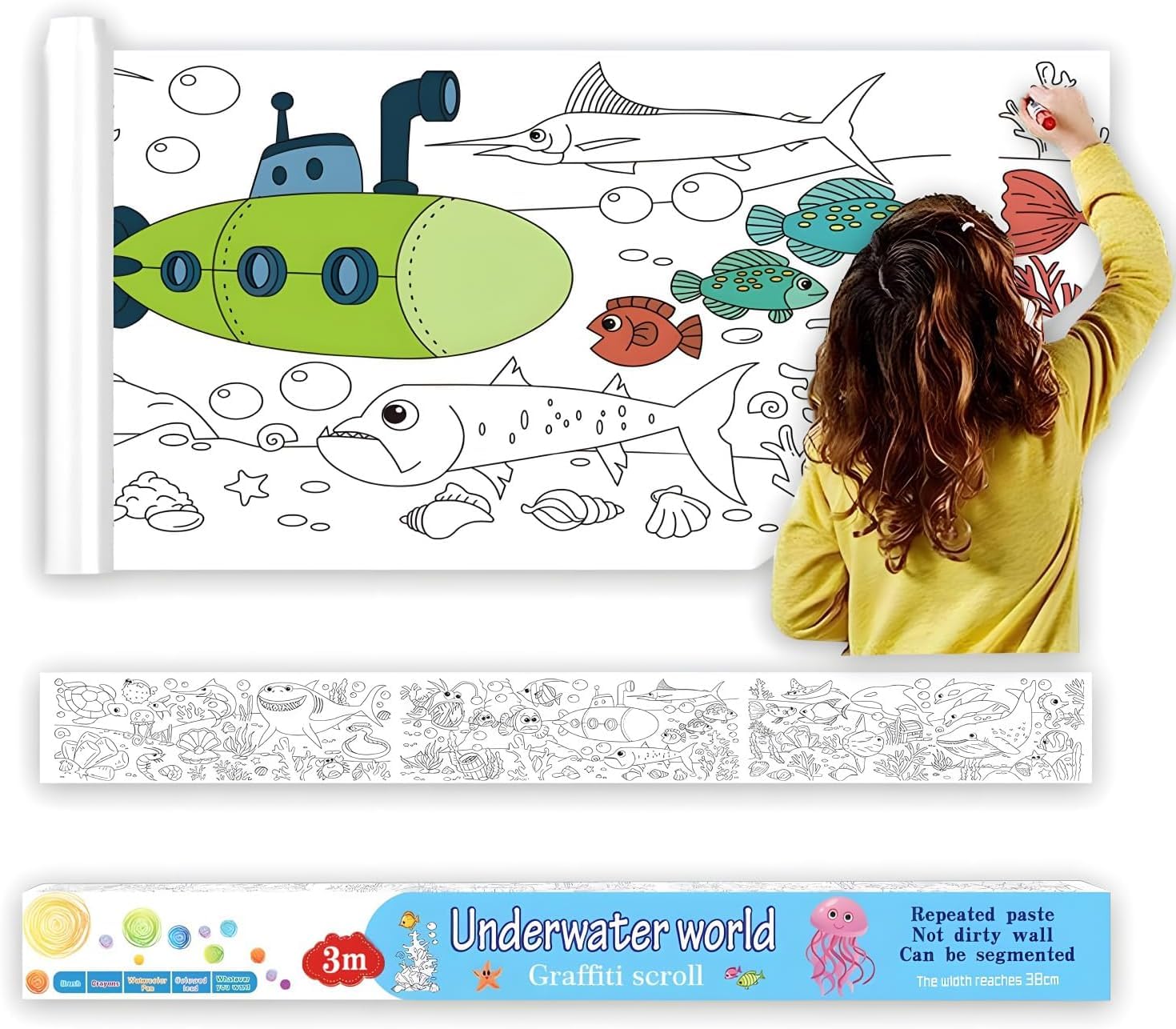 Aputue çocukların sanat eserleri, 300x38cm yapışkanlı boyama rulosu, okyanus temalı eğitici aktivite kağıdı, duvar için kolay sökülebilir büyük rulo, erkek ve kız çocuklar için yeni hediye