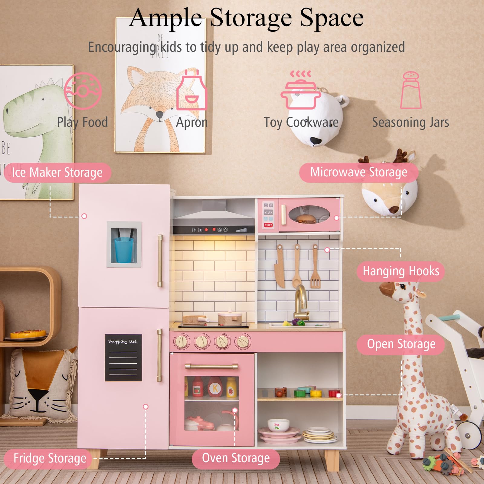HOMASIS Cucina Giocattolo per Bambini in Legno, Cucina Bambina con Macchina per Fare Gelati, Set da Cucinetta con Luci e Suoni per Bambini dai 3+ Anni, 92x30x98cm (Rosa)