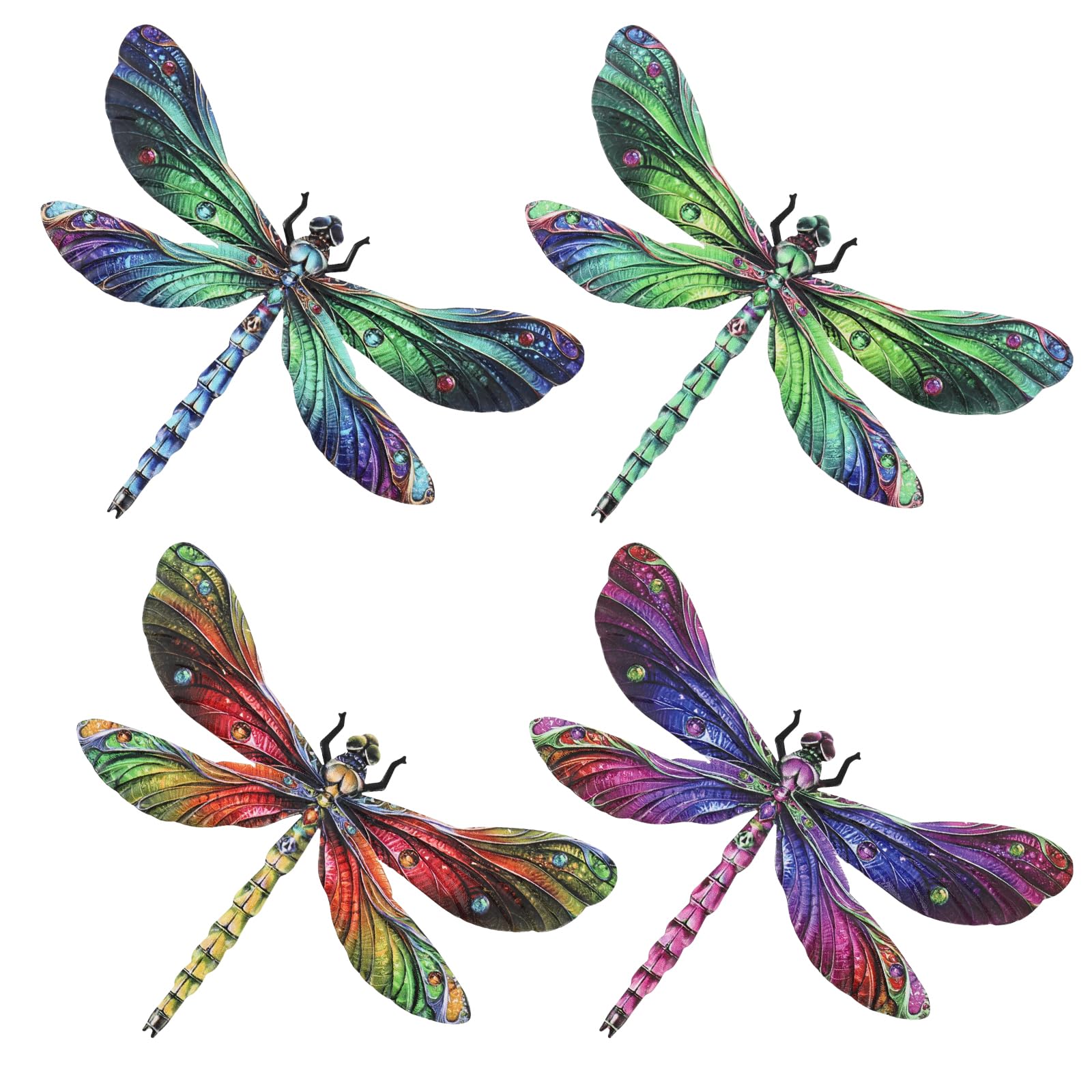 Alongen 4 Pcs Metal Dragonfly Wall Art Decor, Colorful Wrought Iron Hanging Garden Ornaments, Outdoor Wall Sculptures for Fence Yard Patio Porch Living Room(Style 1)