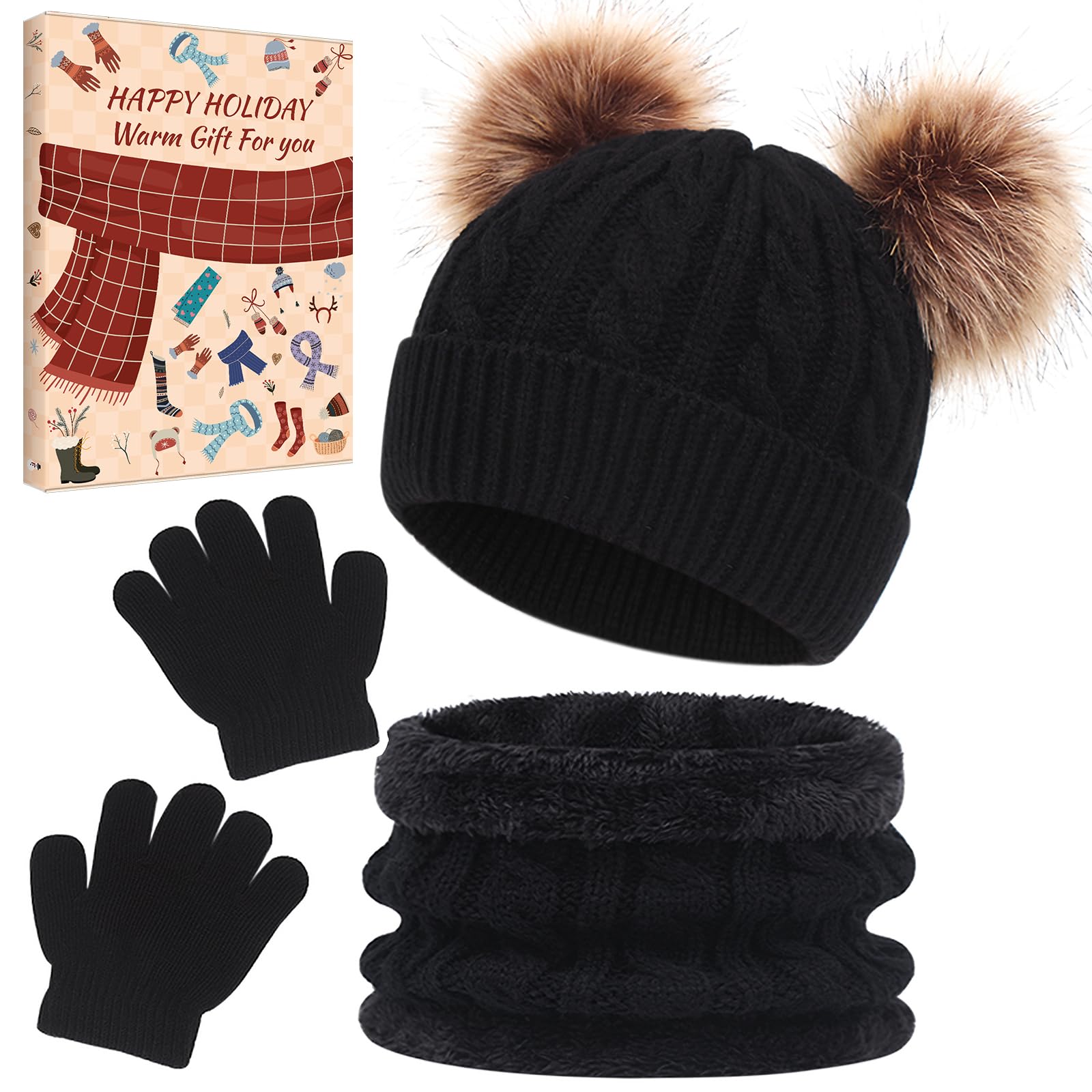 Srclo Girls Black Srclo3 Pieces Hat And Scarf Gift Box Sets For Kids Winter Pom Pom Hat Gloves Set For Boys Warm Knitted Beanie Hats Snood Scarf And Gloves For Children,Christmas Gifts For Kids (Black)