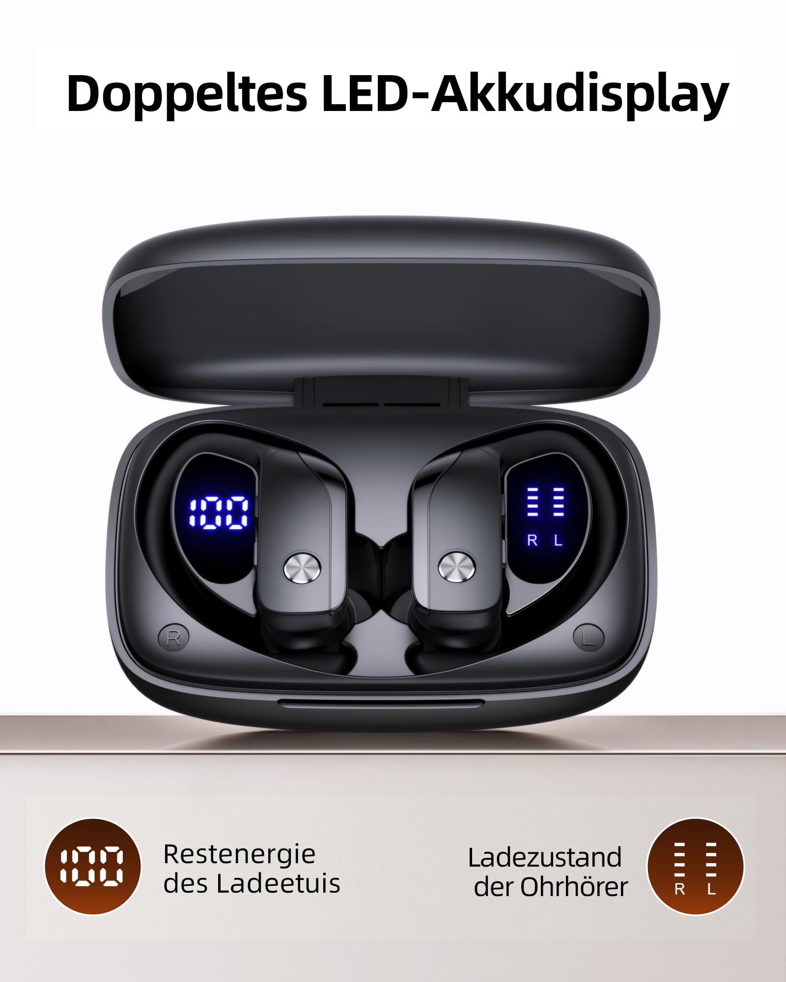 Sportowe słuchawki douszne Bluetooth, bezprzewodowe słuchawki douszne z odtwarzaniem 80 h, podwójny wyświetlacz LED, haczyk na ucho z mikrofonem, dźwięk stereo, łatwe sterowanie przyciskiem, sportowe