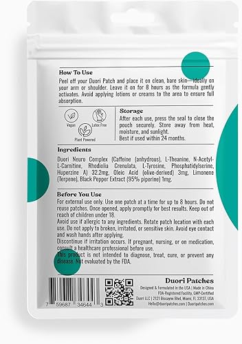 Miniatura 7 de Neuro Patch - Apoyo para el enfoque y el cerebro - Cafeína natural + L-teanina + Rhodiola + extracto de pimienta negra - Parche de enfoque cerebral