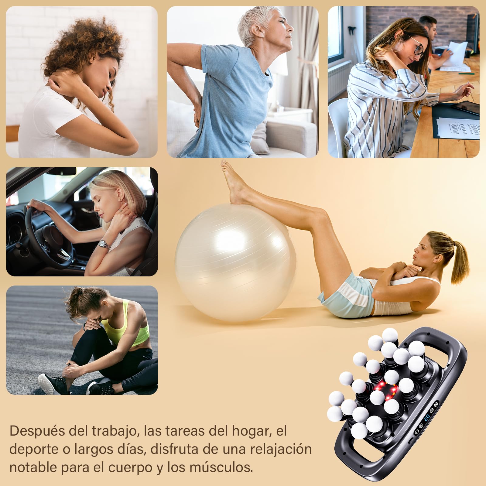 Pistola de Masaje con 20 Cabezales | 3 modos, 30 intensidades, masajeador eléctrico para espalda, piernas y relajación muscular diaria