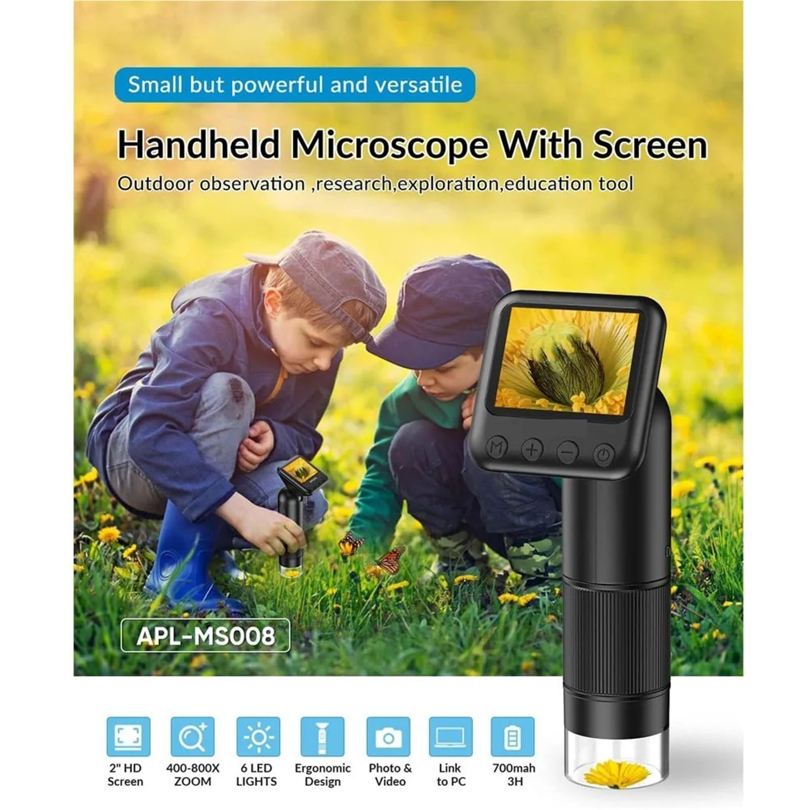 Microscopio Estereoscópico, Microscopio digital portátil HD 800X con pantalla LCD de 2", microscopio bolsillo, USB for laboratorio, equipo