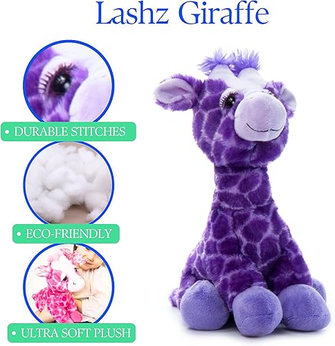 Miniatura 9 de The Petting Zoo Peluche de jirafa morada, animales del zoológico de Lash'z, juguete de peluche de jirafa de 12 pulgadas