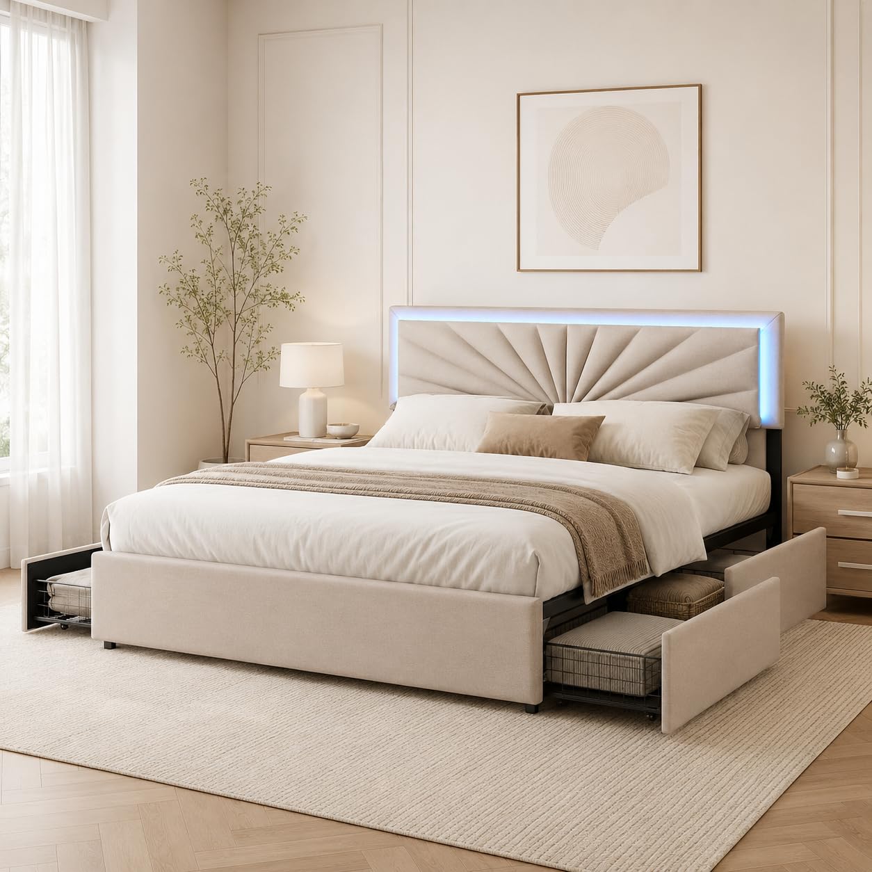 BRILVERDE Letto imbottito 160x200 con Contenitore, letto matrimoniale con LED, con 4 cassetti, letto funzionale con testiera, struttura letto con rete a doghe, Lino (Beige, 160 x 200 cm)