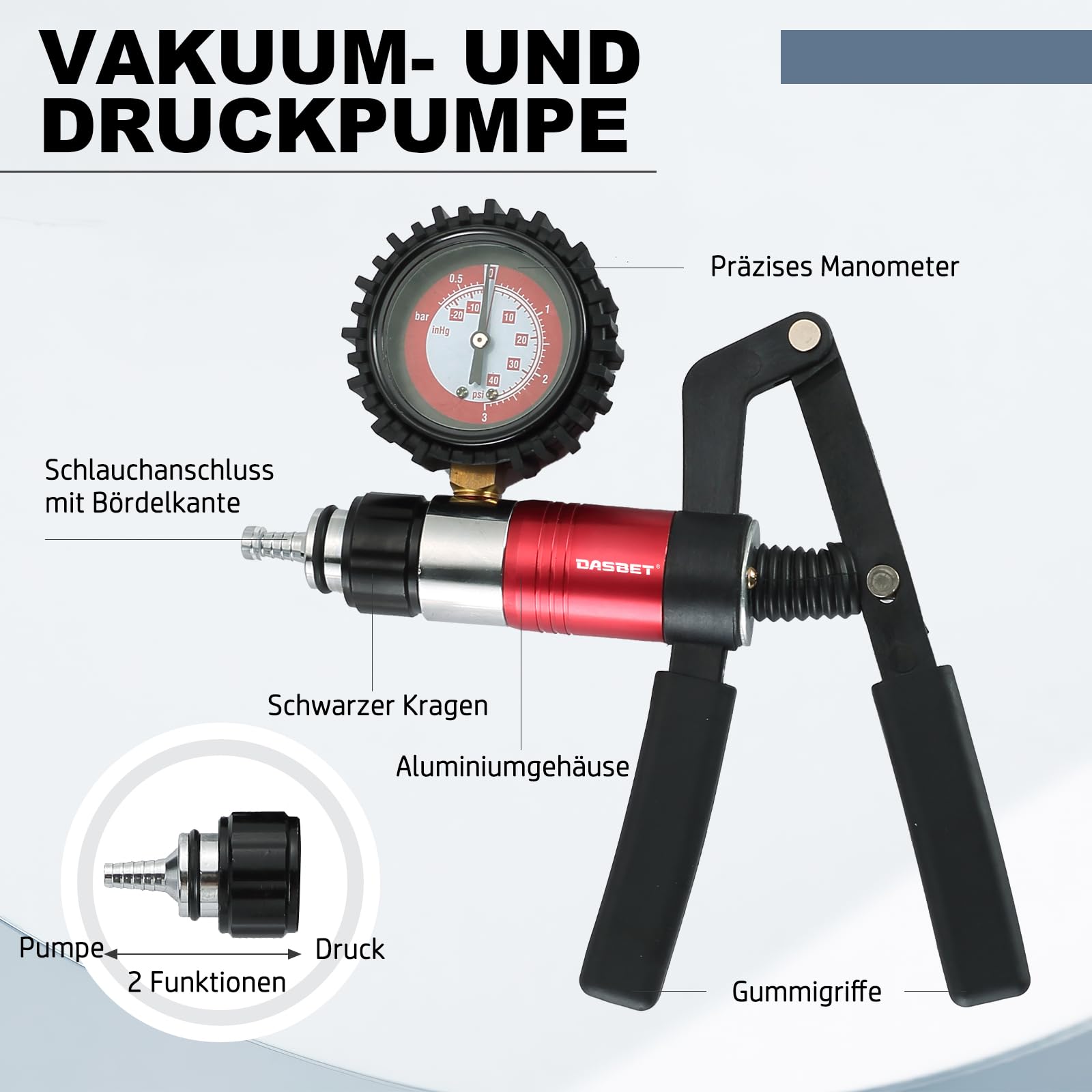 DASBET 23TLG Vakuumpumpe Bremsenentlüfter Set, Hand Unterdruckpumpe mit Druckprüfer & Adaptern, Vakuum Tester für Auto Motorrad Kfz Bremsen Entlüften mit Koffer
