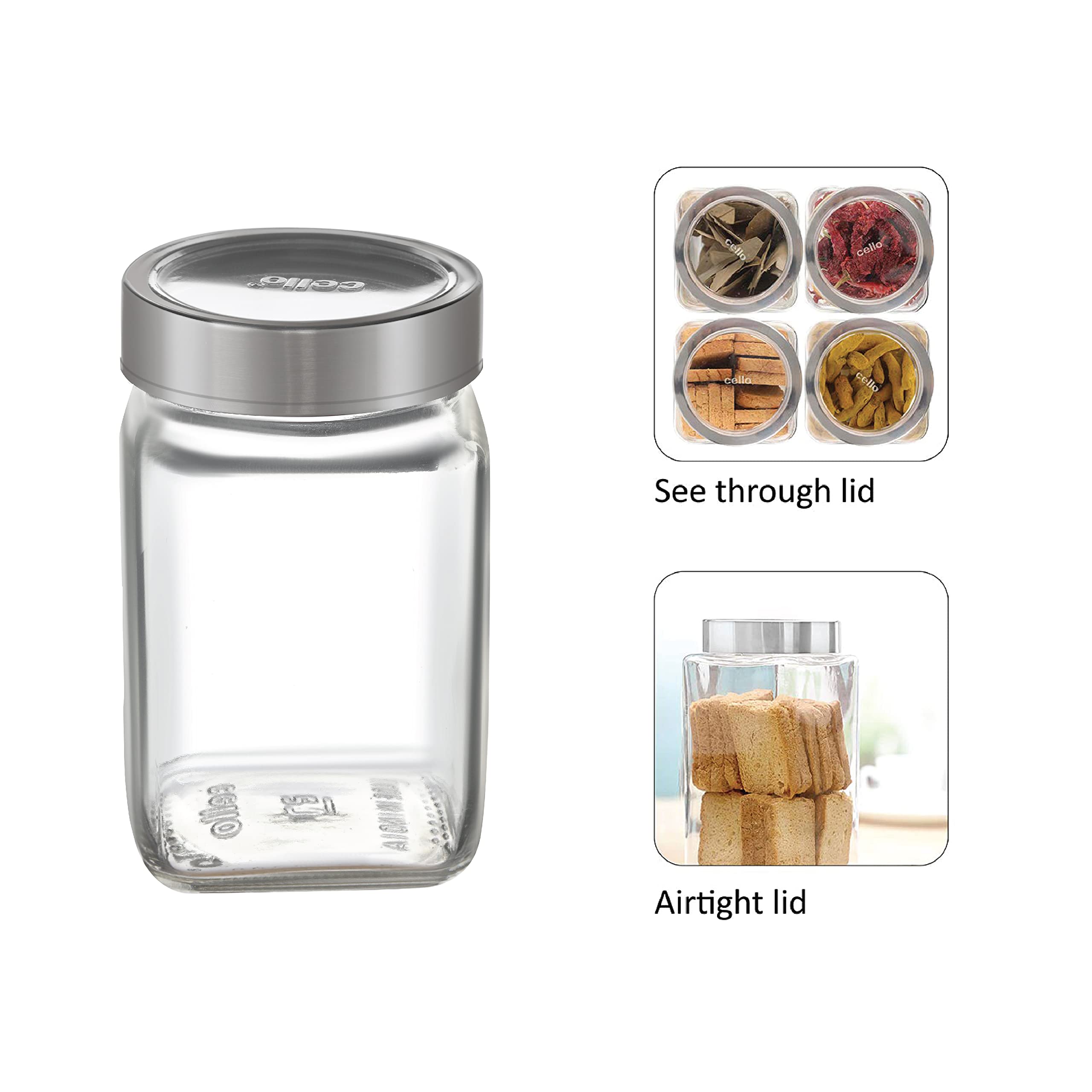 CELLO Qube Fresh Glass Storage Jar for Kitchen Set of 3 Pcs, 300 ml Transparent | Fridge Safe Airtight Leadfree Toughened Glass Kitchen Storage Containers Set For Beans, Whole Grains Spices Dry Fruits 2