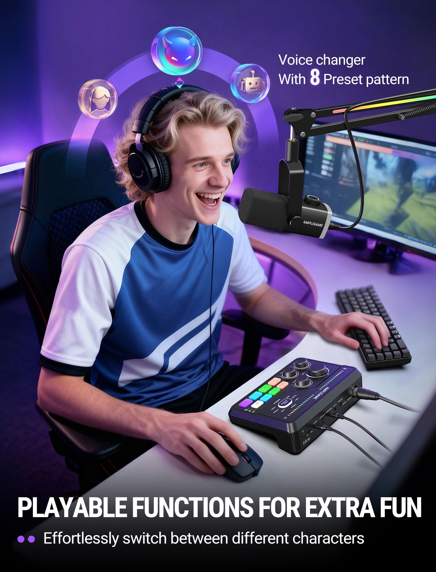 Fifine Gaming Audio Mixer for 7.1ch Surround Sound Headphone Amp-Volume Control-Voice Chat and Streaming-XLR Mic Preamp-USB Plug&Play-Voice Changer-RGB-3 EQ Modes Ampligame SC8