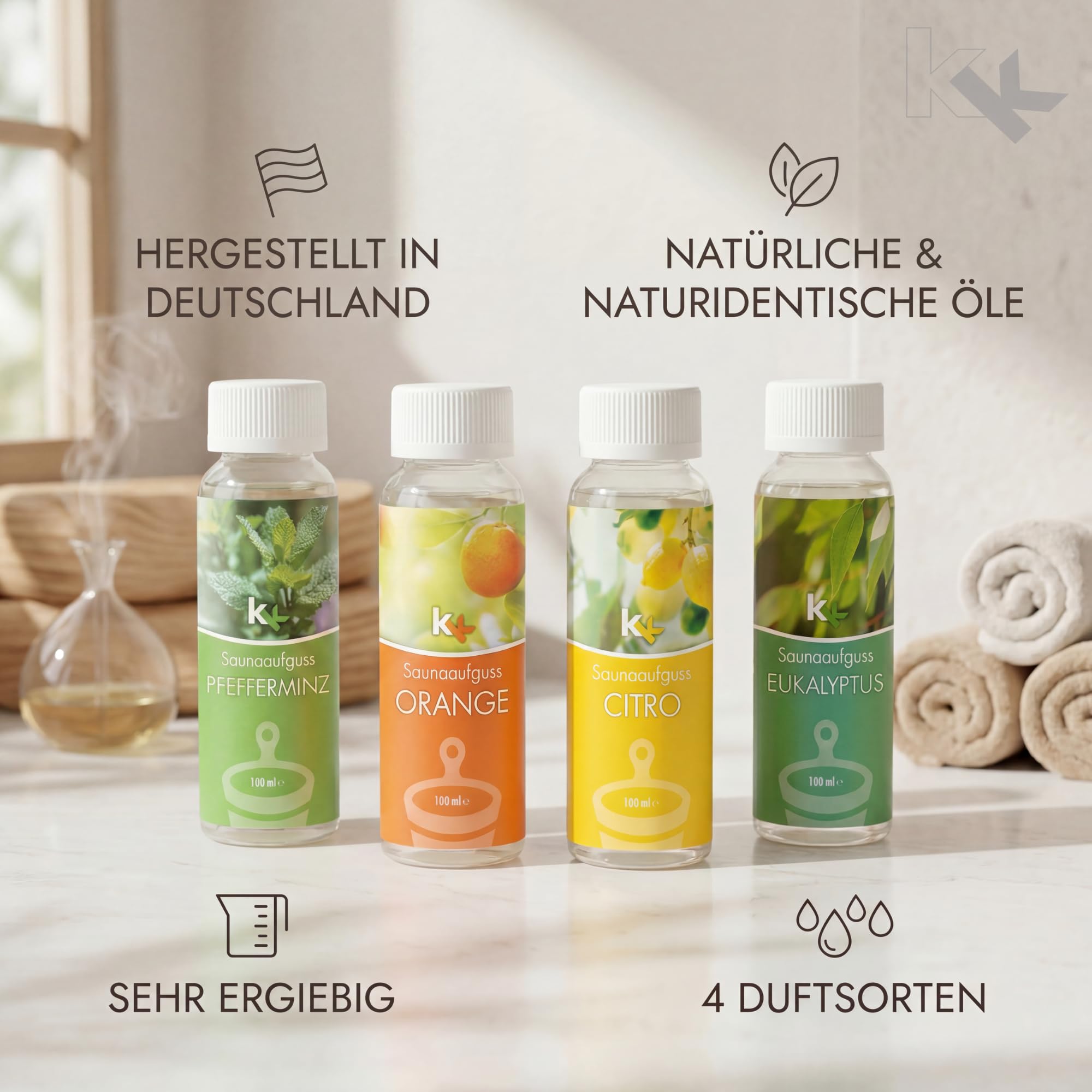 Saunaaufguss-Set 4er | Premium Saunaduft-Set mit Eukalyptus, Orange, Zitrone & Pfefferminz | Hochwertige Sauna Aufgussmittel 4×100 ml | Made in Germany | Intensives Aroma & Geschenkidee