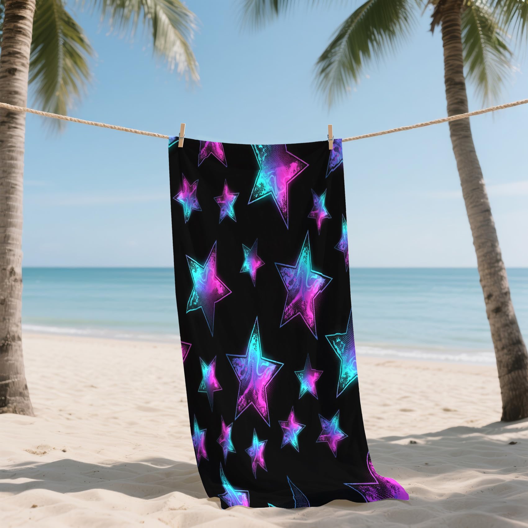 Serviette de Plage XXL Microfibre Enfant étoile Néon, Drap de Plage Séchage Rapide Anti Sable & Légère, Serviette de Bain Grande Taille 200x200 cm, Accessoire & Cadeau été