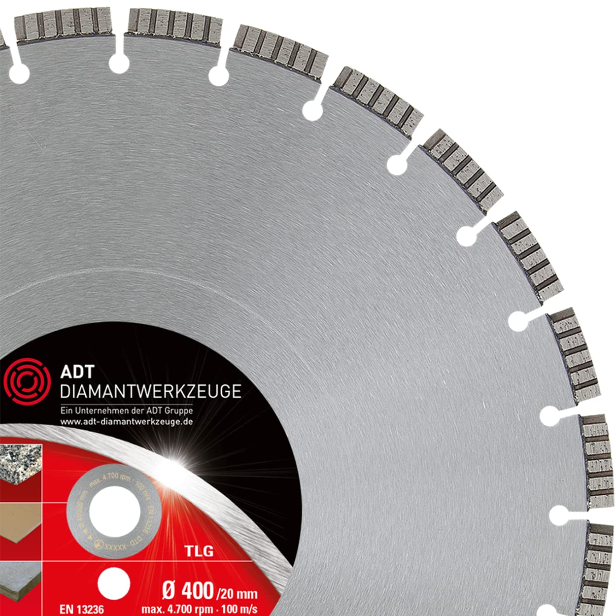 Disco de corte de diamante TLG Premium Ø 400/20,0 mm, orificio para hormigón amierto, piedra natural y artificial, cerámica, material de construcción con segmento turbo de 10 mm