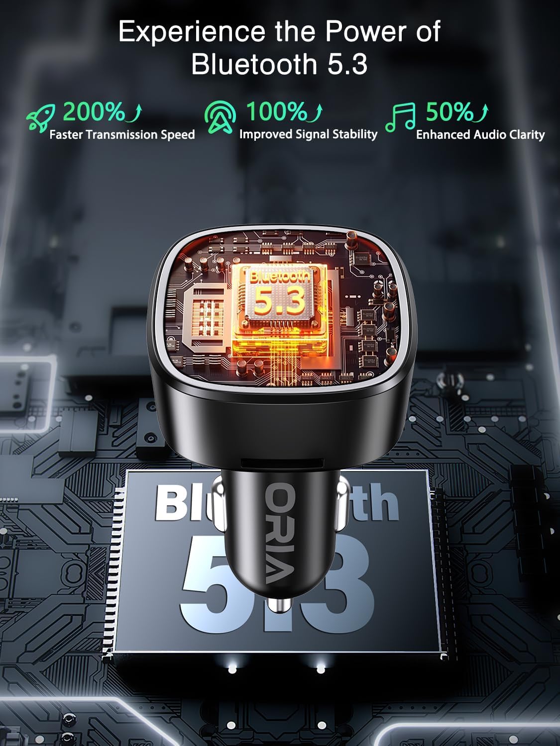 ORIA Trasmettitore FM Bluetooth 5.3, Trasmettitore Bluetooth per Auto, Adattatore QC3.0 USB Caricabatteria Auto con Chiamata Vivavoce e 2 USB Port, Supporta Carta TF e Disco U