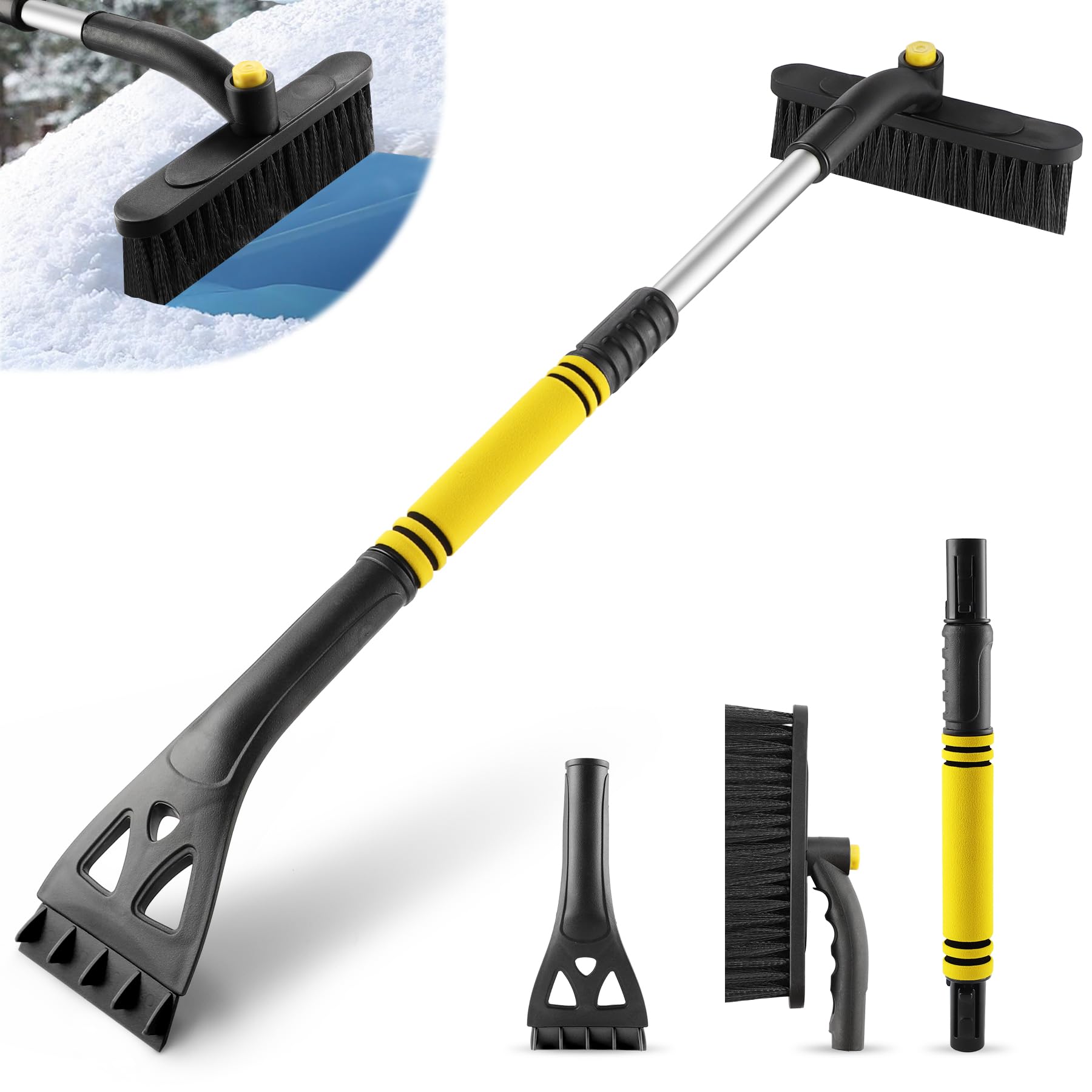 LivTee Rascador de hielo y cepillo de nieve para parabrisas de automóvil, herramienta extensible de 32 pulgadas para quitar nieve con cepillo giratorio de 360°, accesorios exteriores de automóviles y