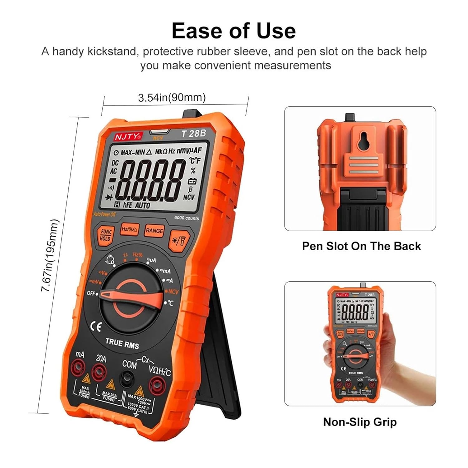T28B Digital Multimeter 20A TRMS 6000 Counts Voltage Amp Resistance Diodes Continuity Duty-Cycle Capacitance Temperature
