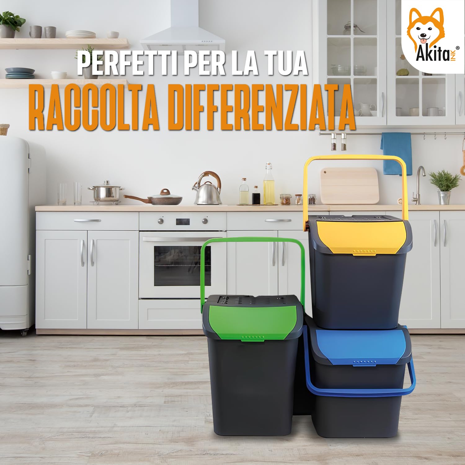 AKITAInk - Set 3 Pattumiere da 35 Litri Differenziate AKIPATPOP3 Cestini e Bidoni Componibili per Interni ed Esterni con Manici Resistenti, Impilabili e Design Ecologic Made in Italy