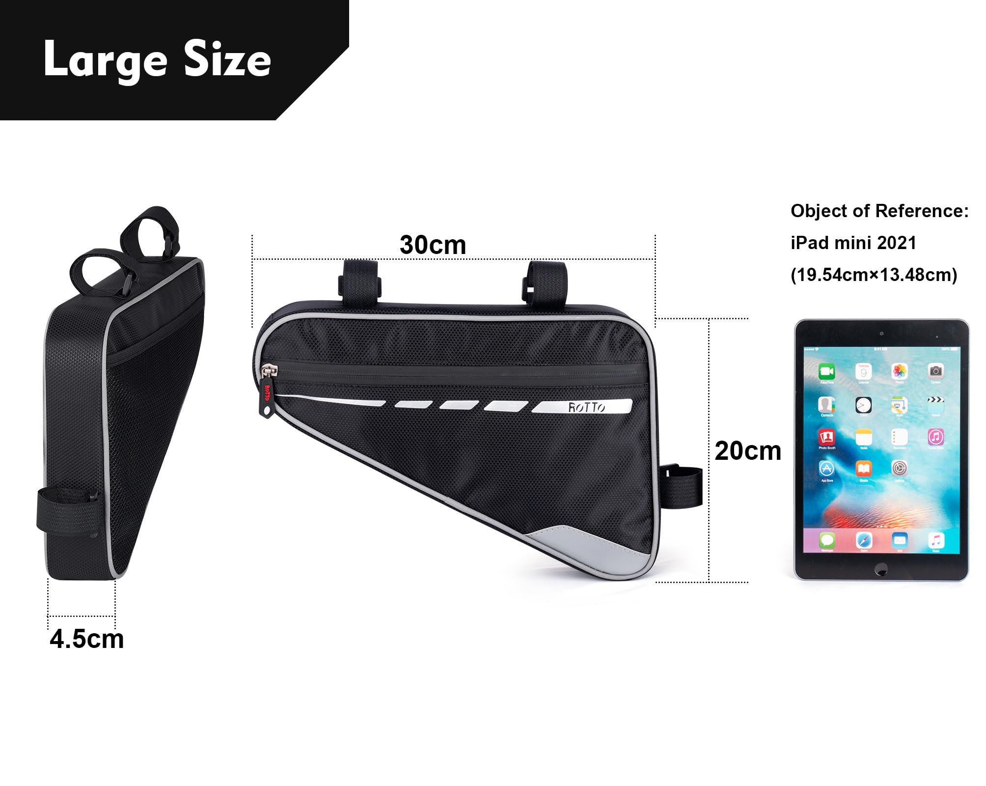 ROTTO Bike Triangle Frame Bag Bicycle Frame Bag Under Top Tube Water Repellent 2L & 1.2L, Black 2l - Image 3