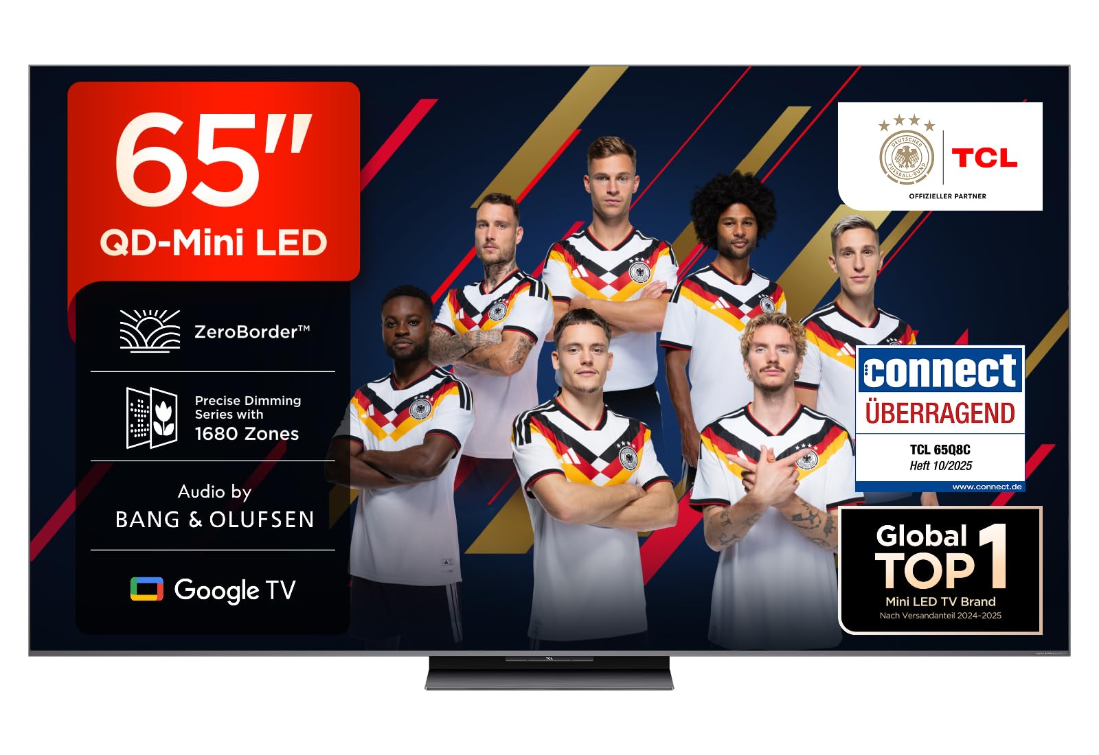 TCL 65Q8C 65 Inch QD Mini LED, 4K HDR Premium 4500, ZeroBorder™, Smart Google TV, CrystGlow WHVA Panel, Audio from Bang & Olufsen, 144Hz Motion Clarity Pro, Dolby Vision IQ & Atmos