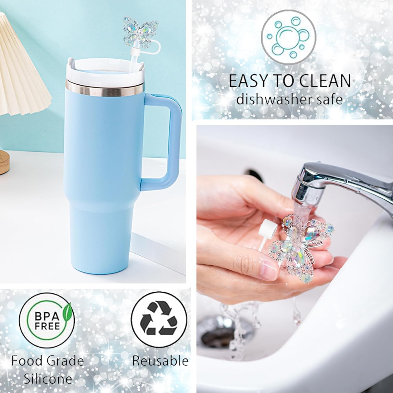6Pcs Shiny Straw Toppers, Colorful Diamond Butterfly Straw Covers Cap Compatible with Stanley Cups 30&40 Oz Tumbler with Handle, 10mm/4inches Reusable Silicone Bling Stanley Cup Accessories - Image 5
