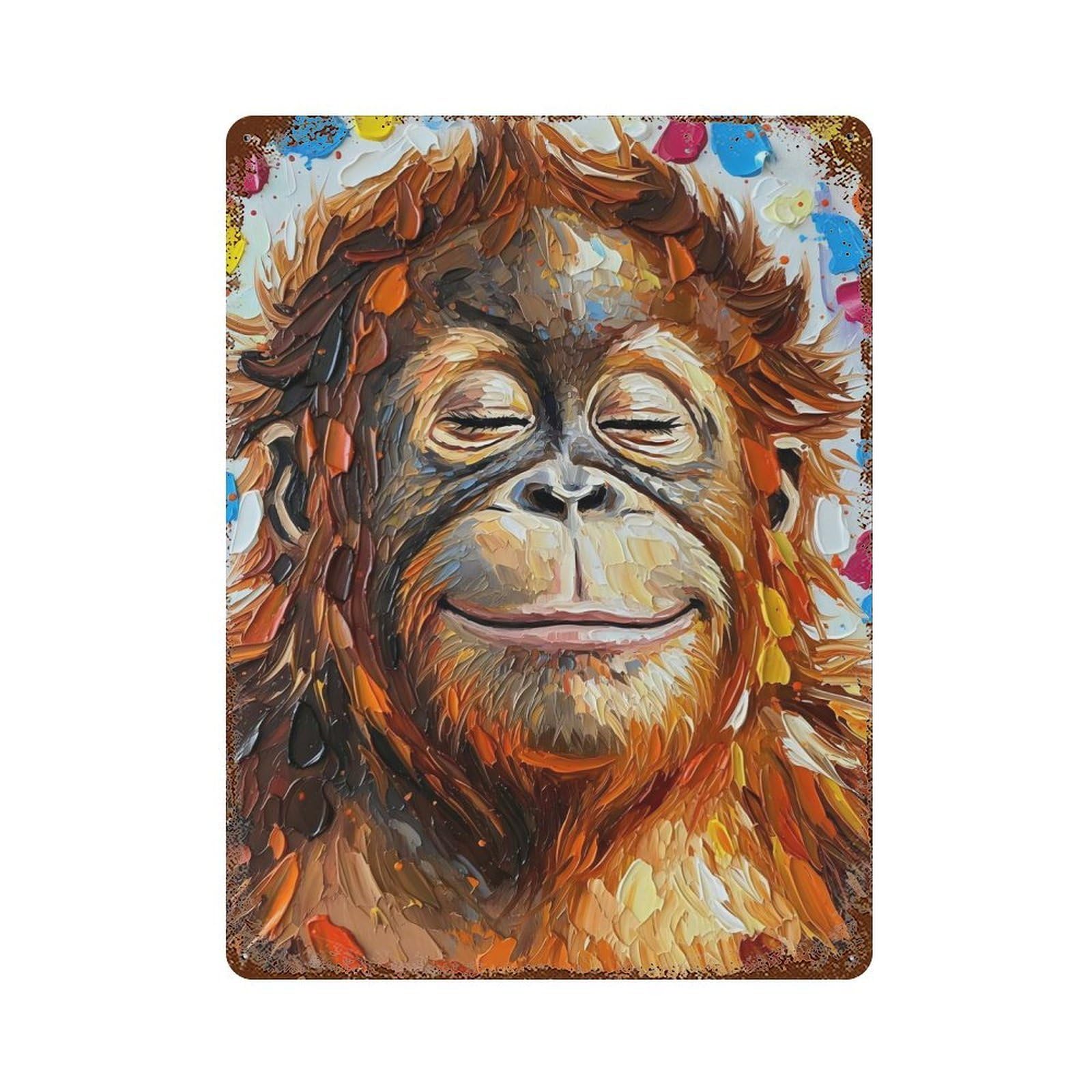 Smiling Orangutan Portrait Painting Vintage Wall Sign 15.7"x11.8", Rust Effect Metal Decor for Bistro, Counter And Cafe Decor