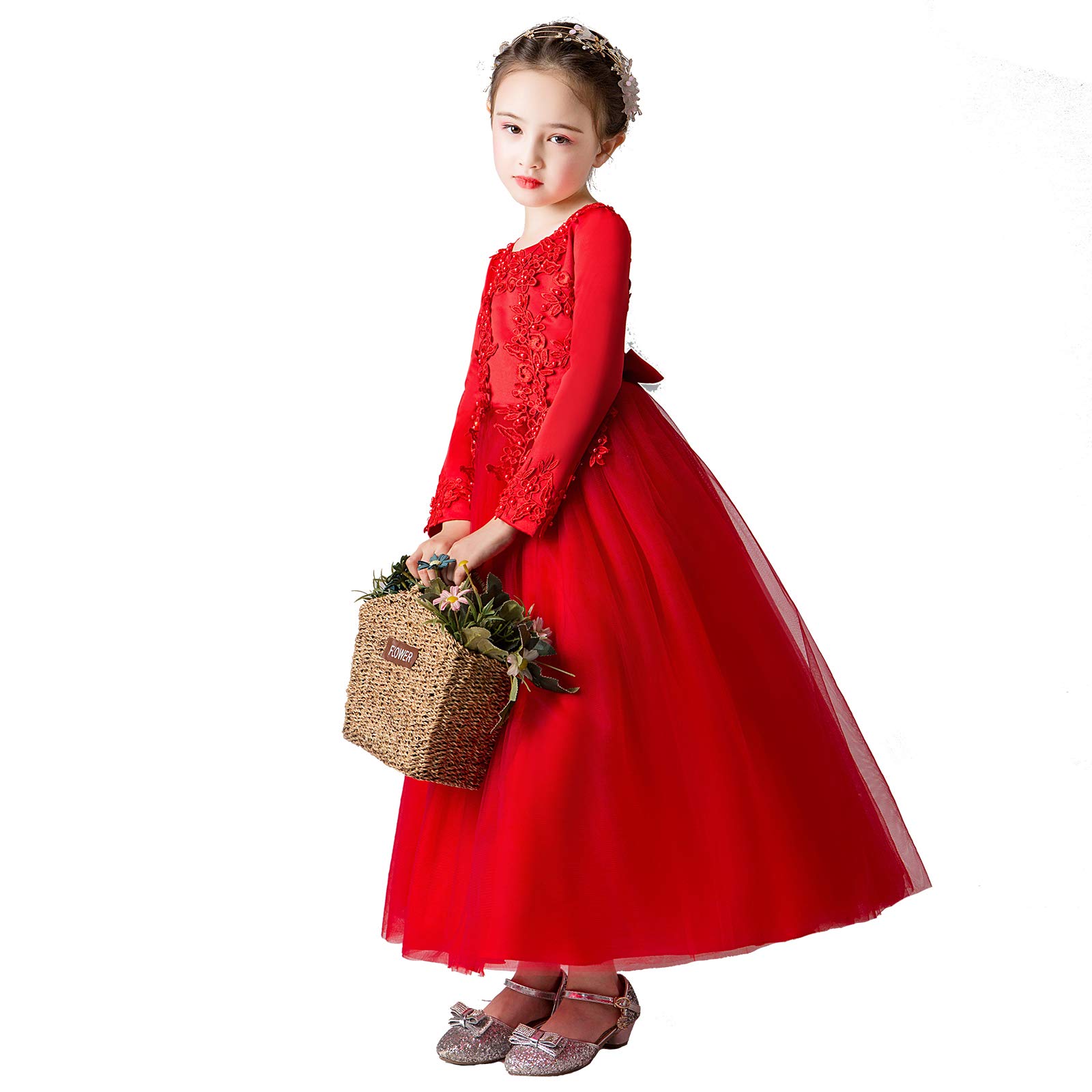 amropi Niñas Vestido de Princesa Fiesta Boda Flor Bordado Largo Manga Tul Vestidos + Corona 3-12 Años