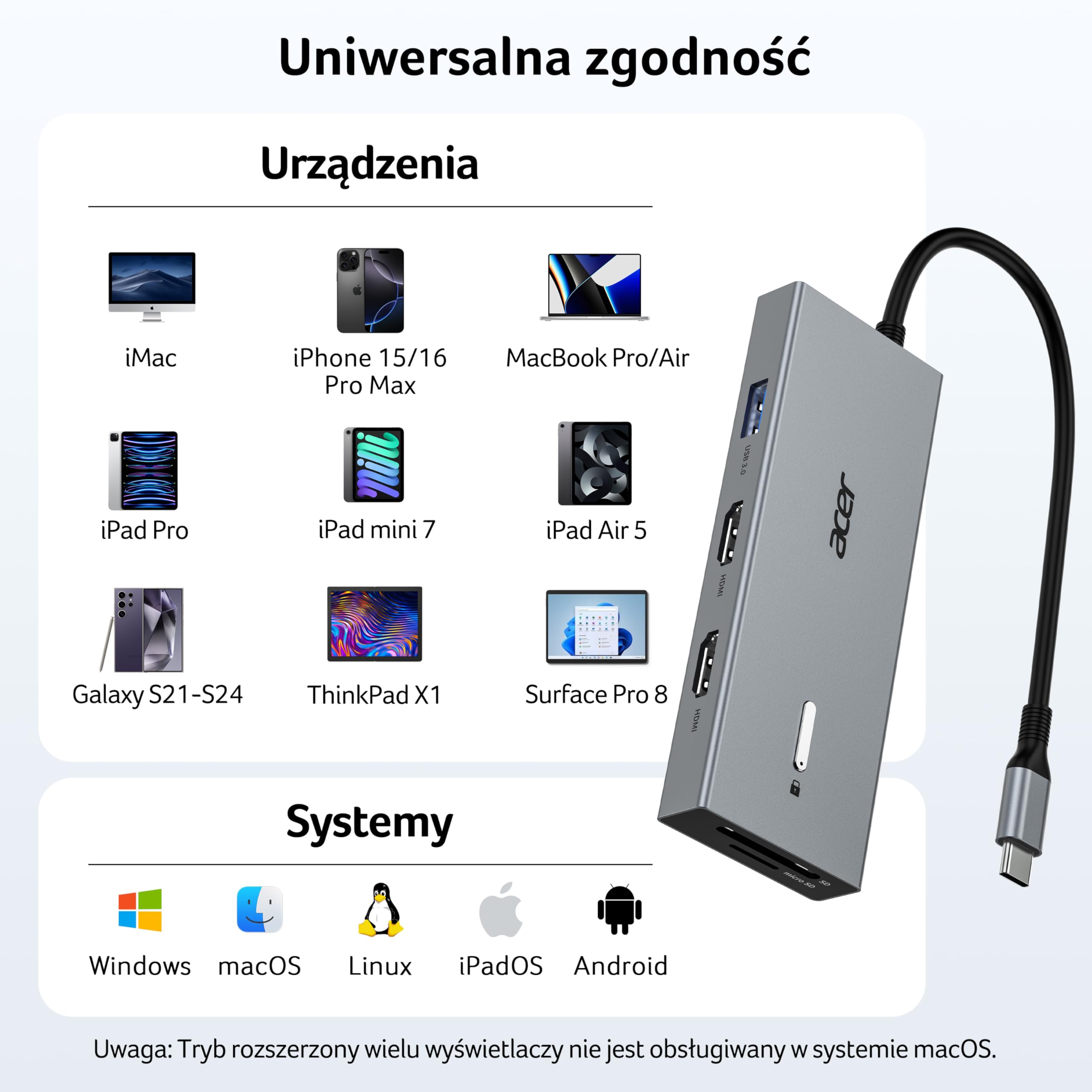 acer USB-C Hub 9w1, Stacja dokująca do laptopa z 4K@60Hz Dual HDMI, 3 USB-A 3.0 (5Gbps), port danych typu C, 100W PD, gniazdo na kartę SD/TF, do Acer, laptopów, MacBooka, iPada, Surface, XPS itp.