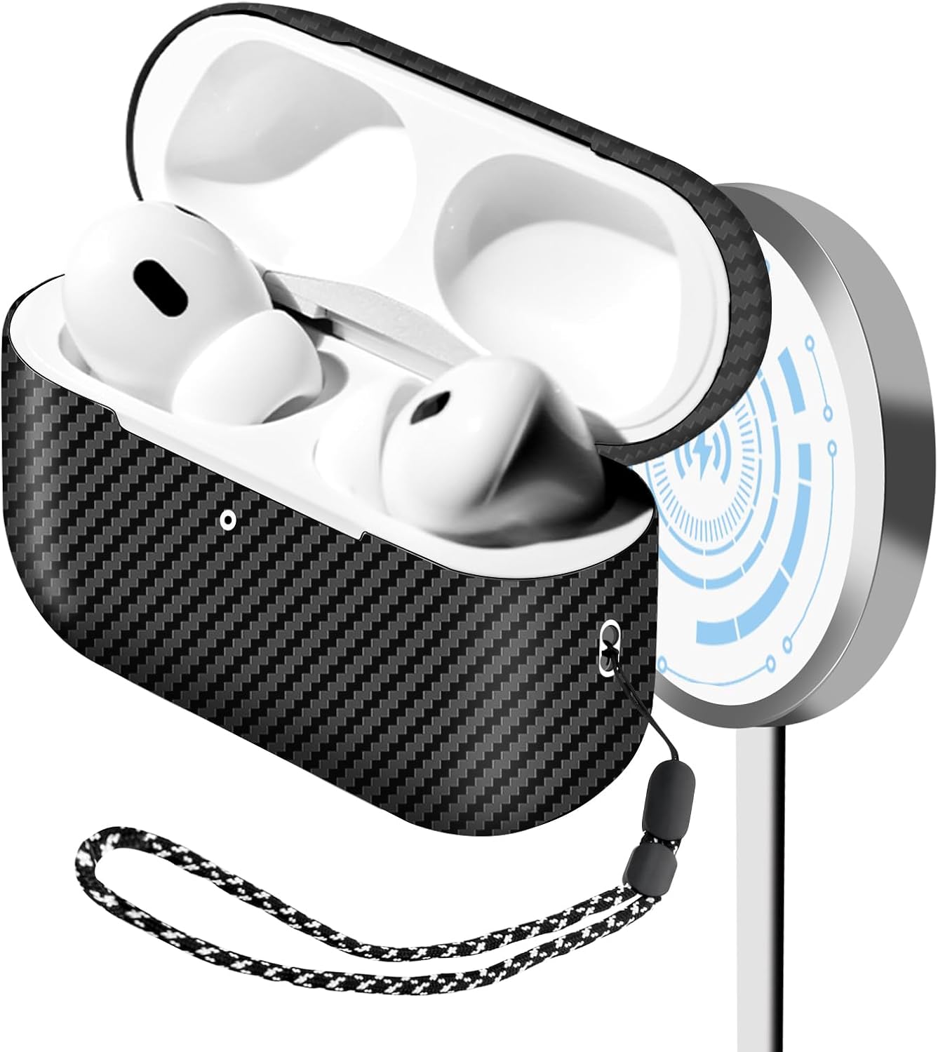 MONOCARBON Real Carbon Fiber Case for AirPods Pro 2nd Generation 2022 with Stripes Lanyard | Slim & Durable Cover for AirPods Pro 2 Accessories | Support Wireless Charging | Shock-Absorbing Protective