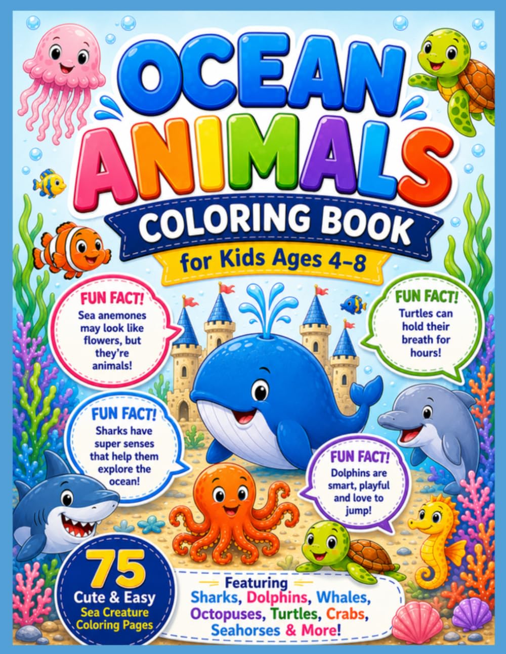 Ocean Animals Coloring Book for Kids Ages 4–8: 75 Fun & Easy Coloring Pages with Amazing Ocean Animal Facts for Curious Kids