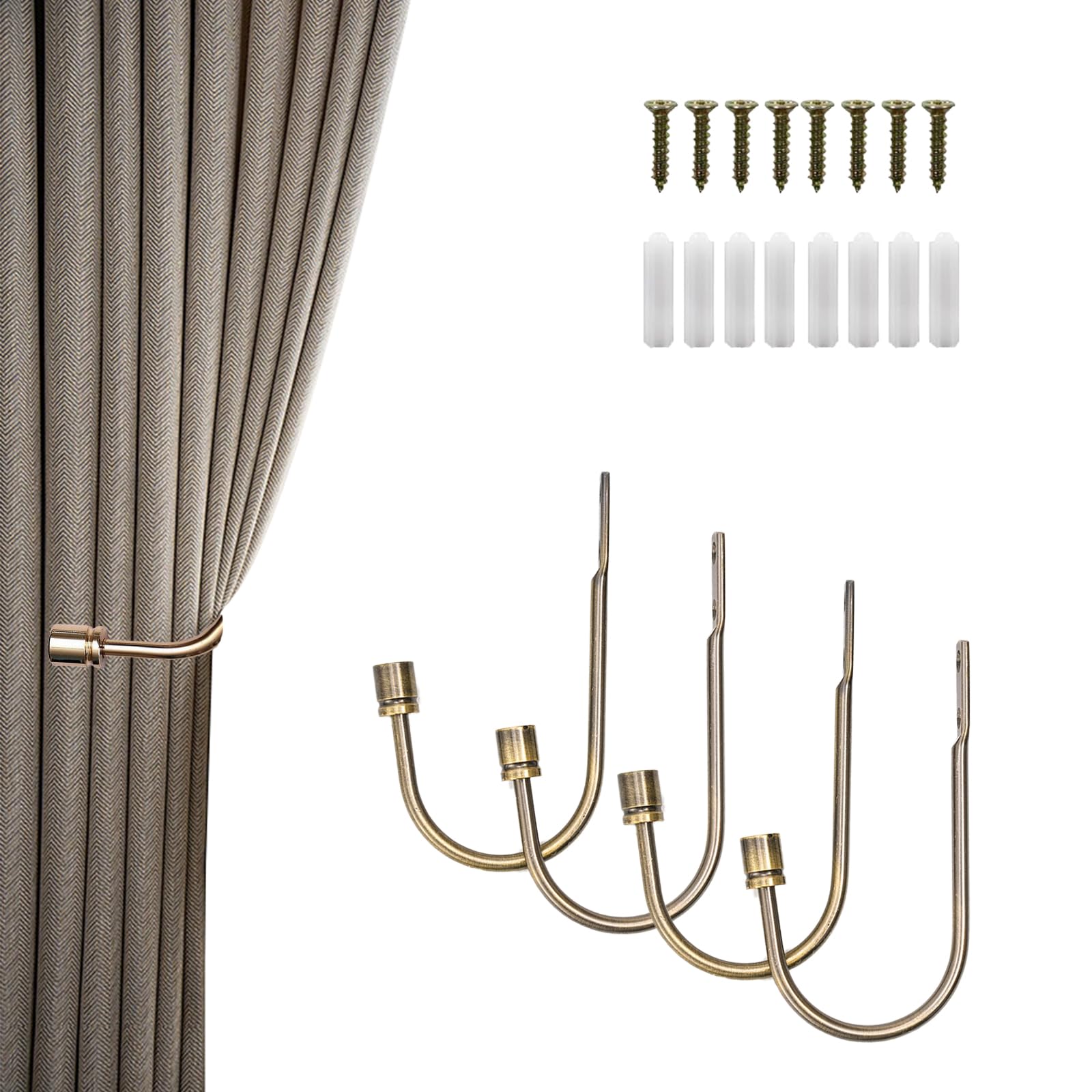 Fkereg Bronze 4 Pack Curtain Tiebacks, Metal Curtain Holdbacks Heavy Duty, U Shaped Curtain Hooks For Wall, Vintage Curtain Holder For Drapes, Wall Mounted Curtain Tie Pull Backs,