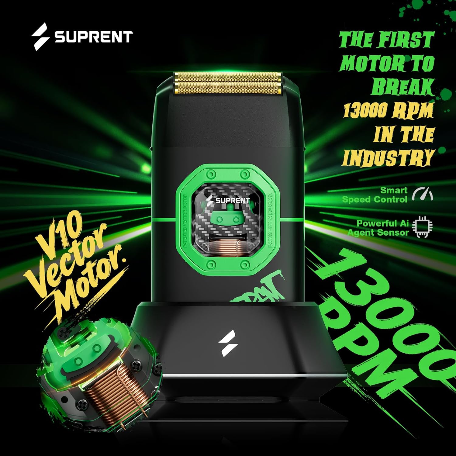 SUPRENT Fangs Professional Foil Shaver, 13000RPM Vector Motor Electric Razor for Head, Beard, & Neck, Portable Close Face Shaver with Type-C Rechargeable