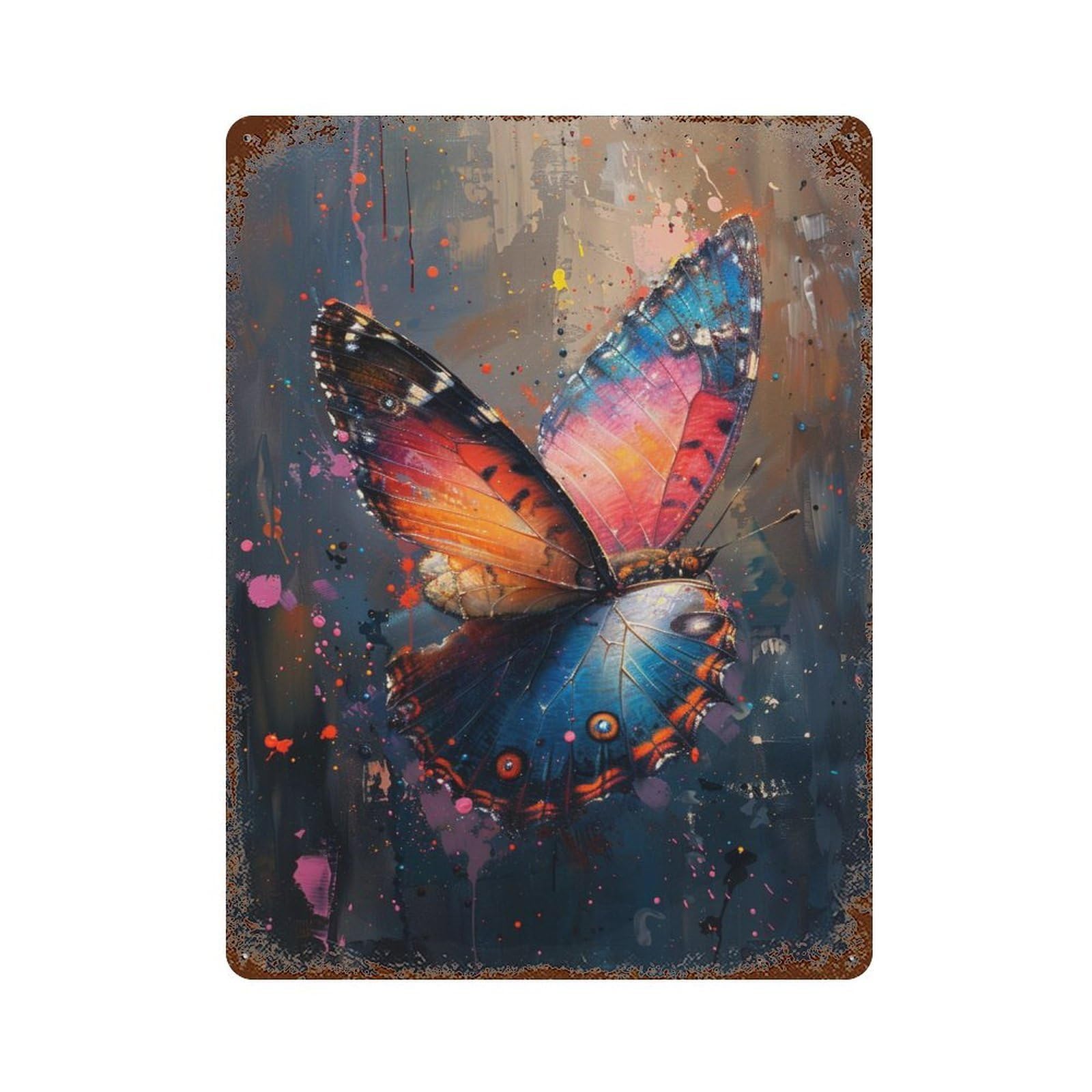 Rust Effect Colorful Butterfly Painting-2 Distressed Metal Wall Sign 15.7"x11.8", Farmhouse Wall Decor for Office, Studio And Wall Decor